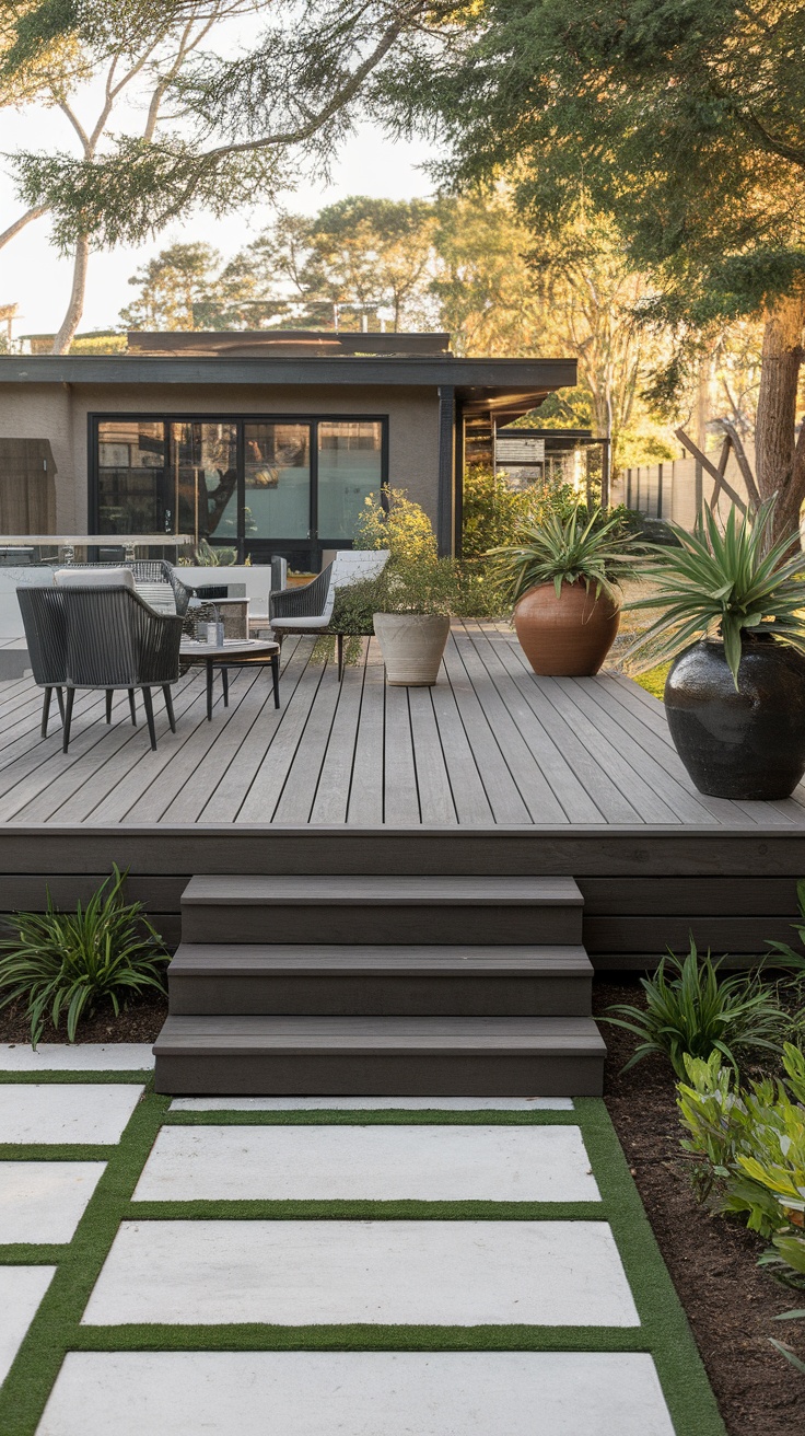 A modern backyard deck with a patio, seating area, and planters for greenery.