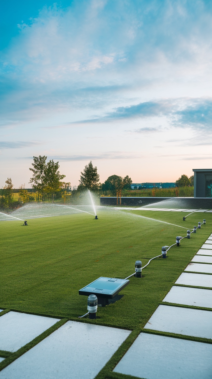 A modern backyard with an irrigation system watering the lawn and surrounding area.