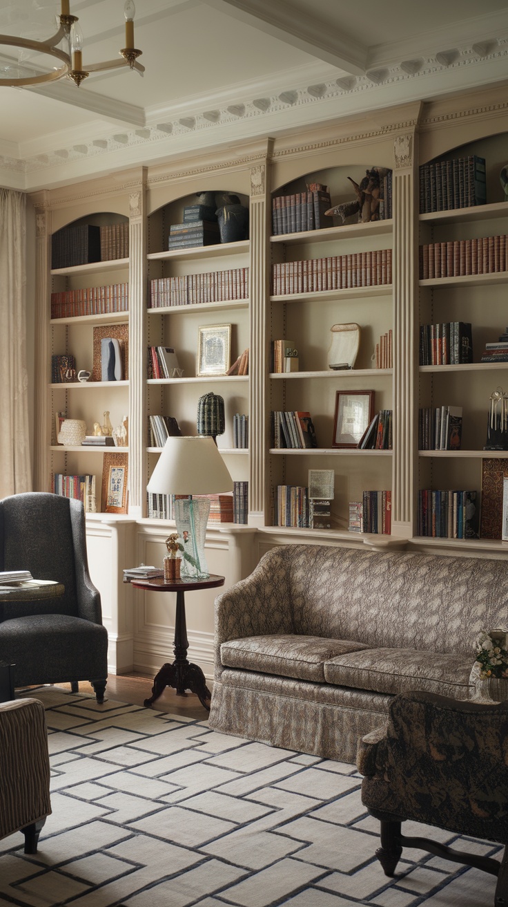 A cozy modern Victorian living room with built-in bookshelves filled with books and decorative items.