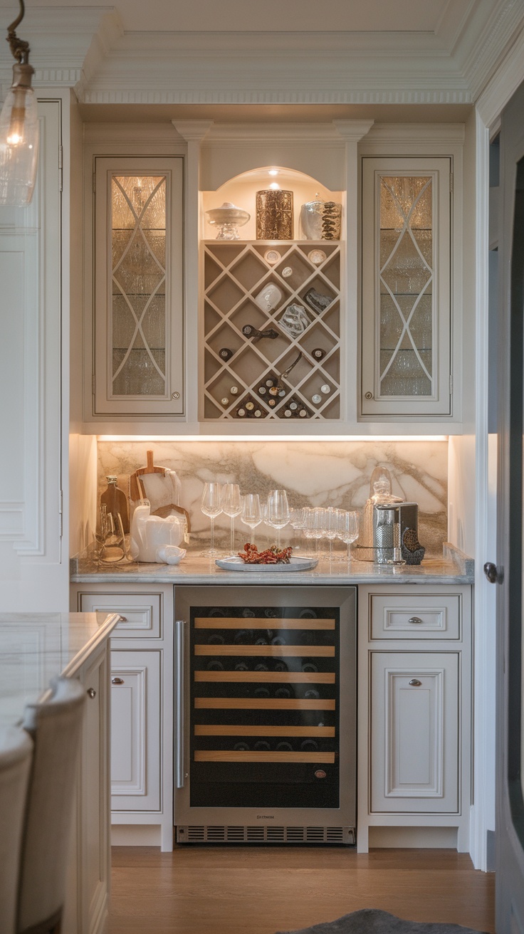 A luxury kitchen corner with an integrated wine cooler, wine rack, and glassware, showcasing a sophisticated design.