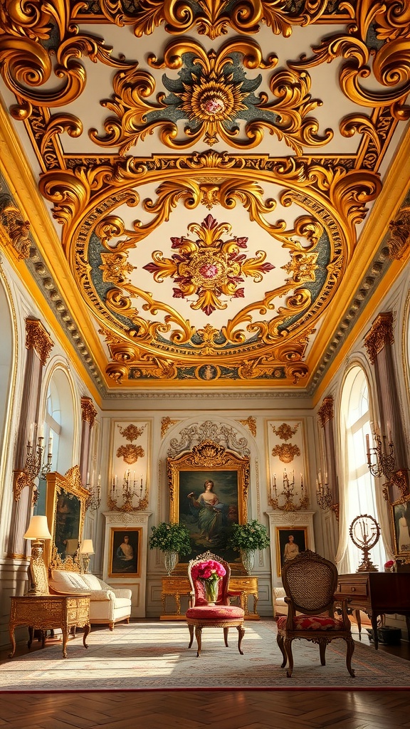 Rococo style living room with intricate ceiling design and classical furniture.