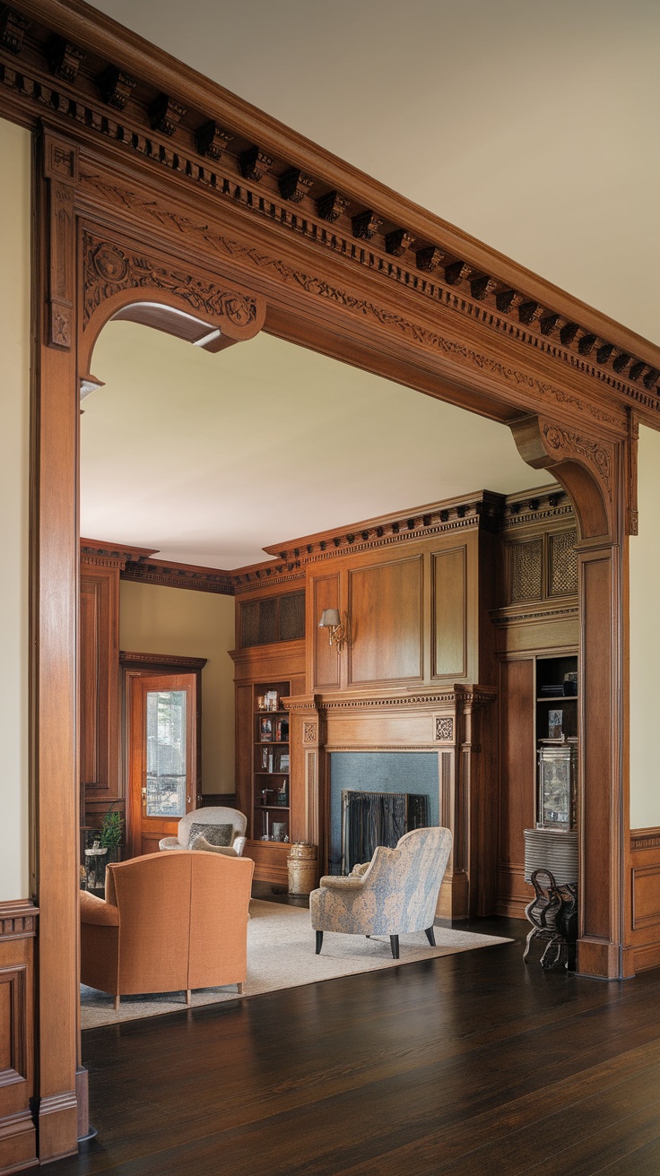 A modern Victorian living room showcasing intricate woodwork with detailed carvings and rich finishes.