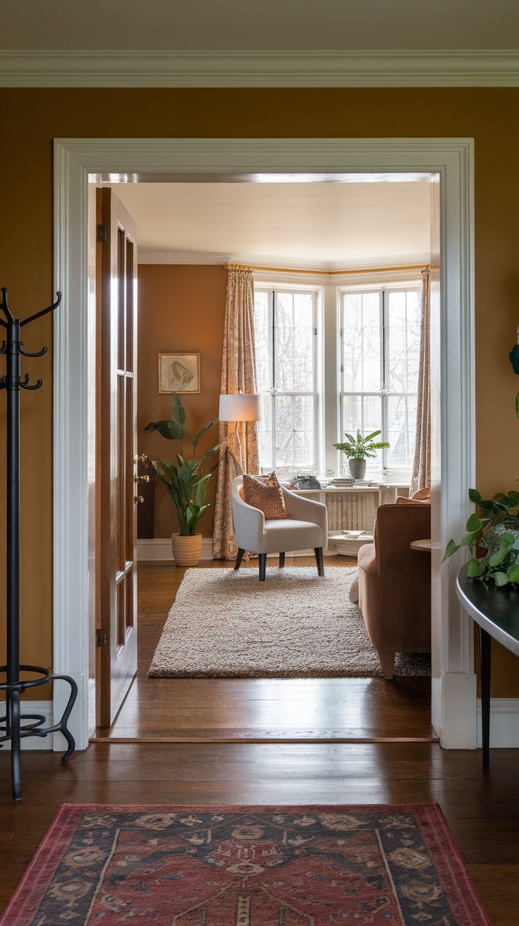 A view of a cozy modern Victorian living room from an entryway, featuring warm colors, plants, and comfortable seating.