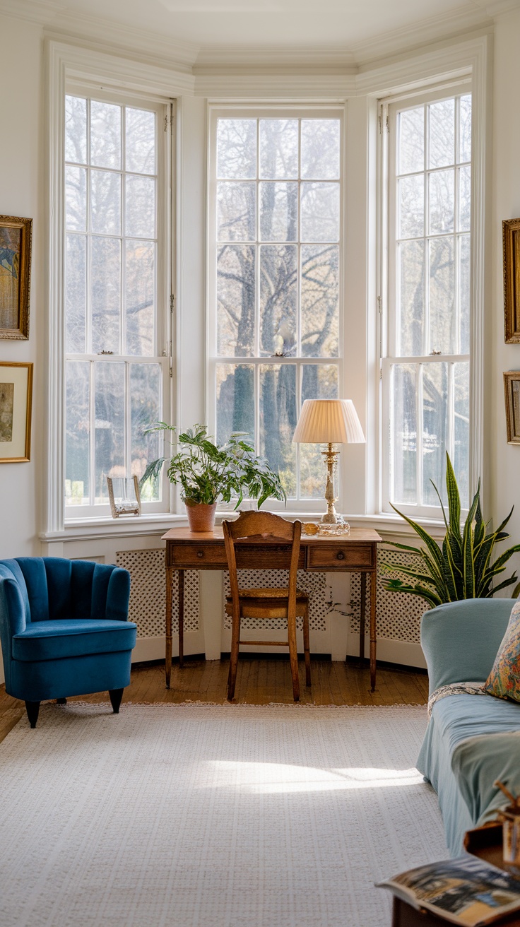 A modern Victorian living room featuring large bay windows, a blue chair, and a small wooden desk with a lamp.