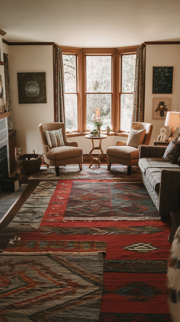 A cozy living room featuring layered area rugs, two armchairs, and a modern decor.