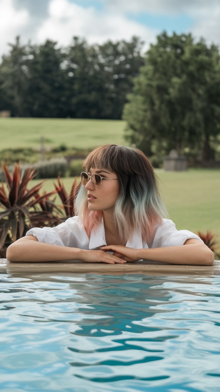 A woman with layered hair and subtle ombre, relaxing by a poolside.