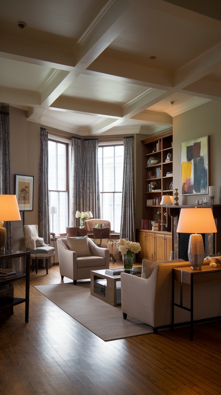 A modern Victorian living room with layered lighting featuring table lamps and a cozy ambiance.