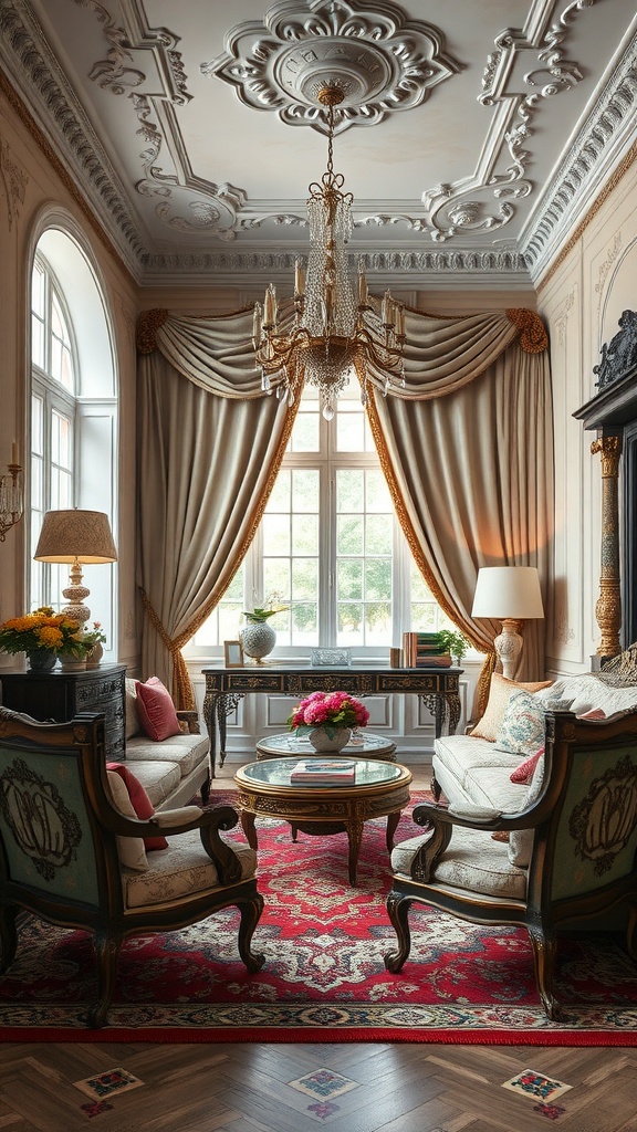 A rococo living room with ornate ceiling, elegant sofas, and a rich area rug