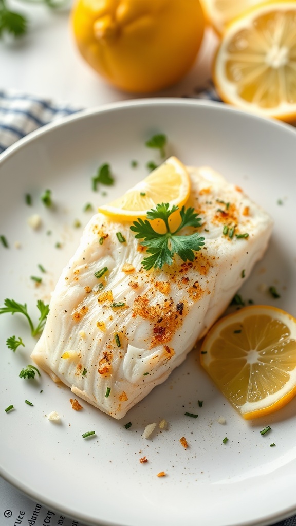 A plate of Lemon Garlic Butter Cod with lemon wedges and parsley.