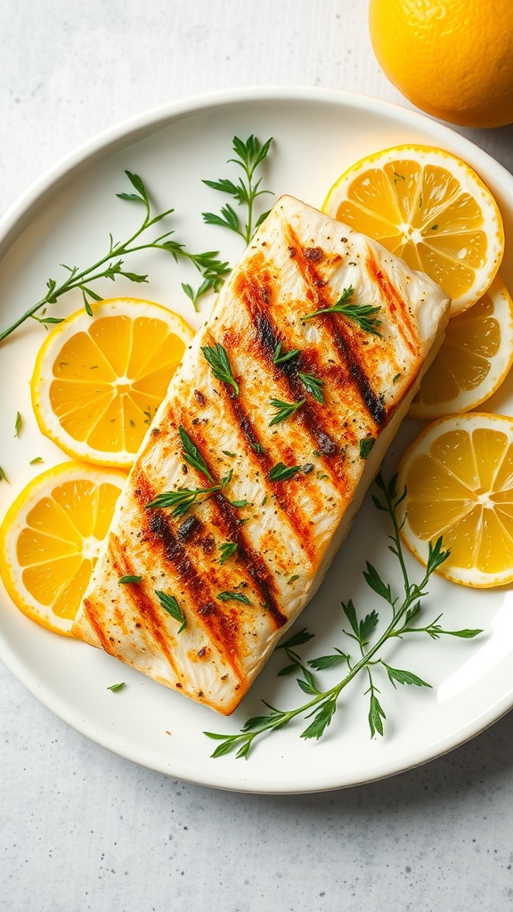 Lemon Herb Grilled Cod on a plate with lemon slices and herbs