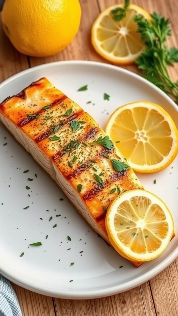 Grilled salmon fillet garnished with lemon slices and herbs