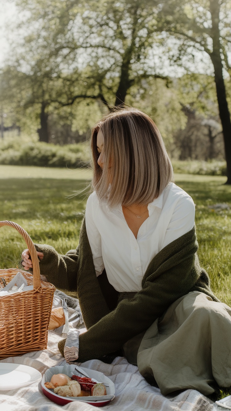 A woman with a long bob hairstyle and subtle highlights, sitting in a park.