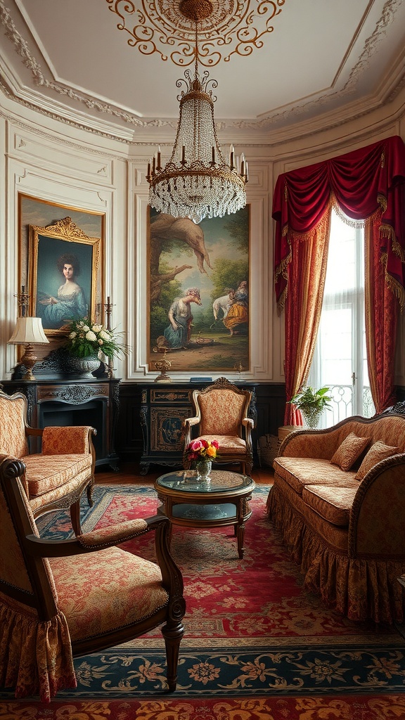 A luxurious Rococo living room featuring ornate furniture, rich fabrics, and elegant decor.