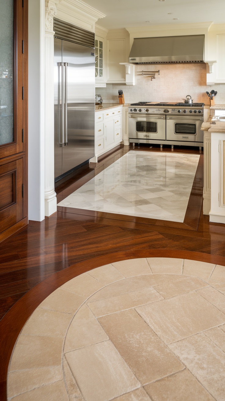 Luxurious kitchen flooring featuring dark wood and stone tiles