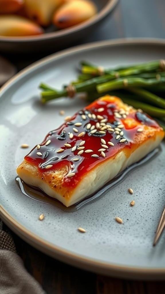 A beautifully plated dish of maple glazed cod with green vegetables and sesame seeds.