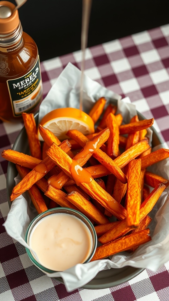 Maple glazed sweet potato fries in a bowl with dipping sauce and lemon.