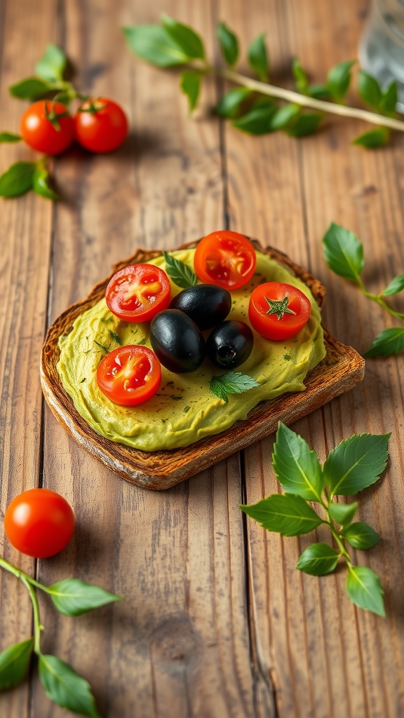 A slice of avocado toast topped with olives and cherry tomatoes on a wooden surface.