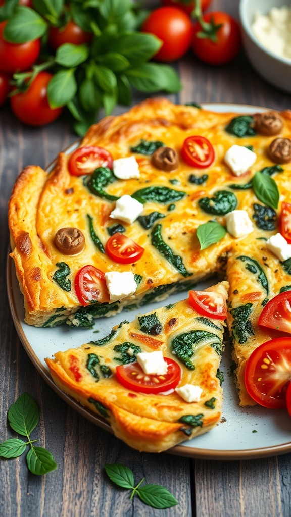 A slice of Mediterranean frittata with spinach and feta, garnished with cherry tomatoes and fresh basil.