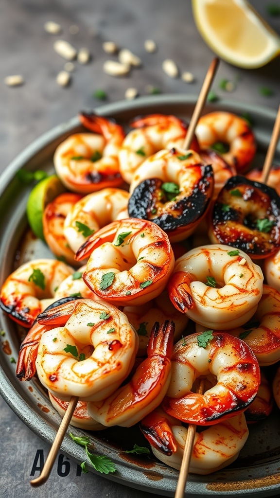 Grilled shrimp skewers garnished with herbs and lemon slices