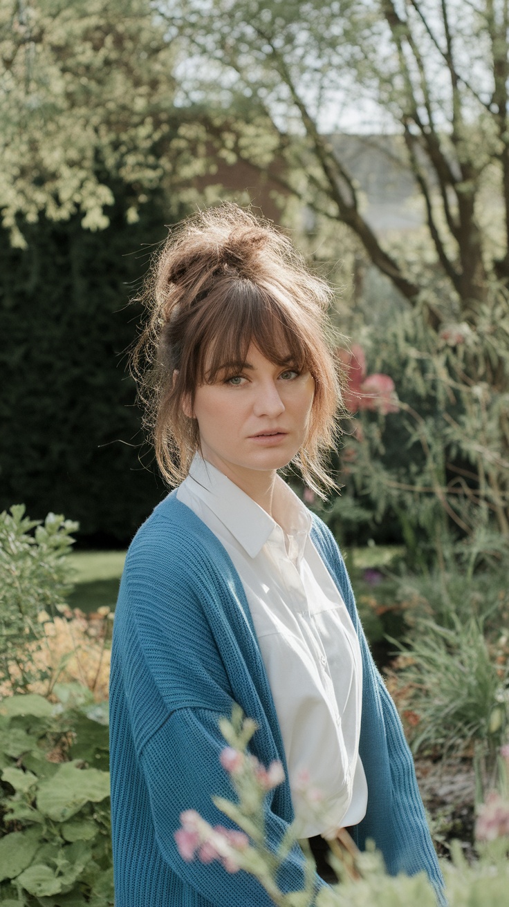 A woman with a messy bun and face-framing layers in a garden setting.