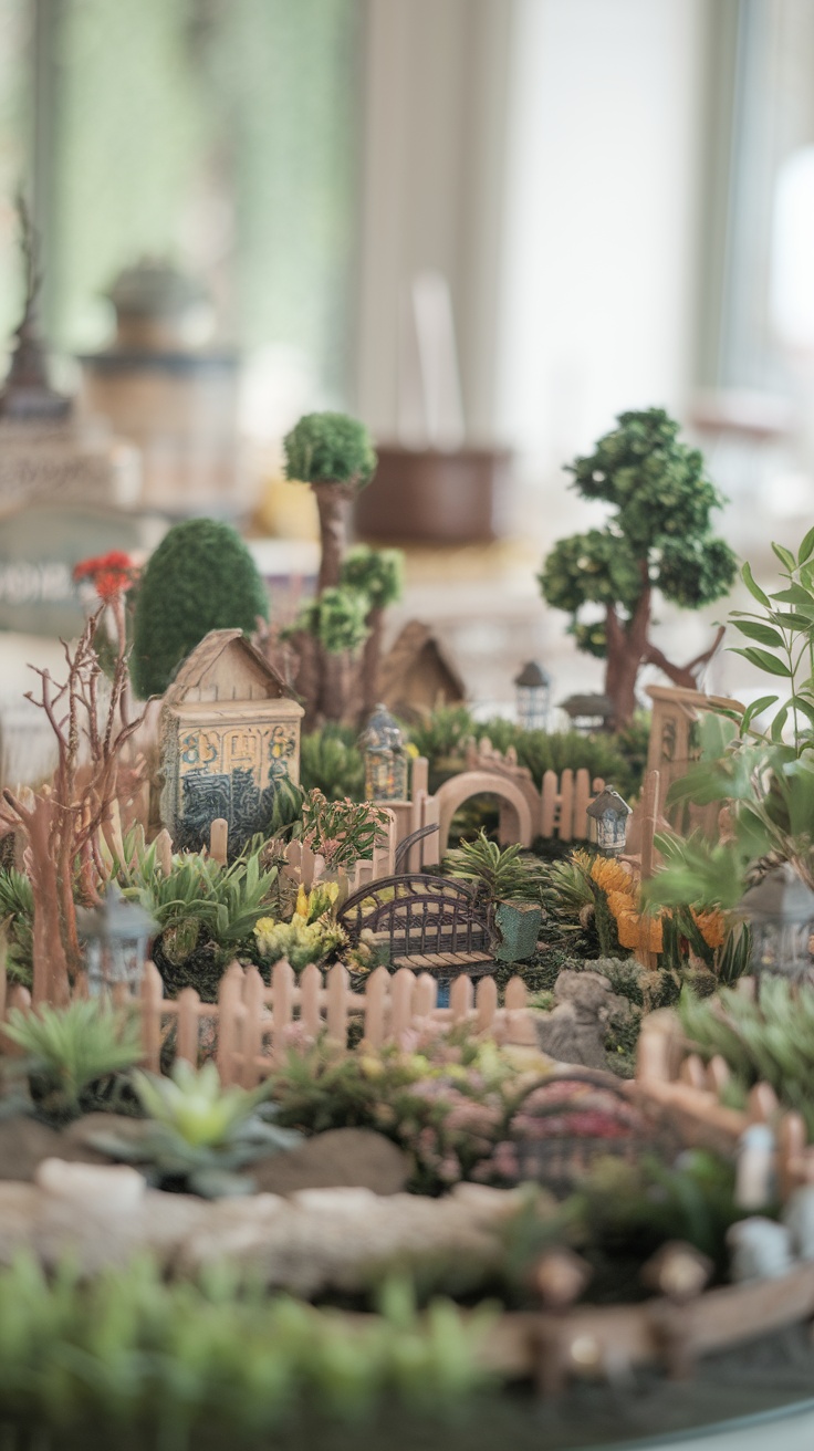 A detailed miniature garden landscape with small plants, a wooden bridge, and decorative elements.