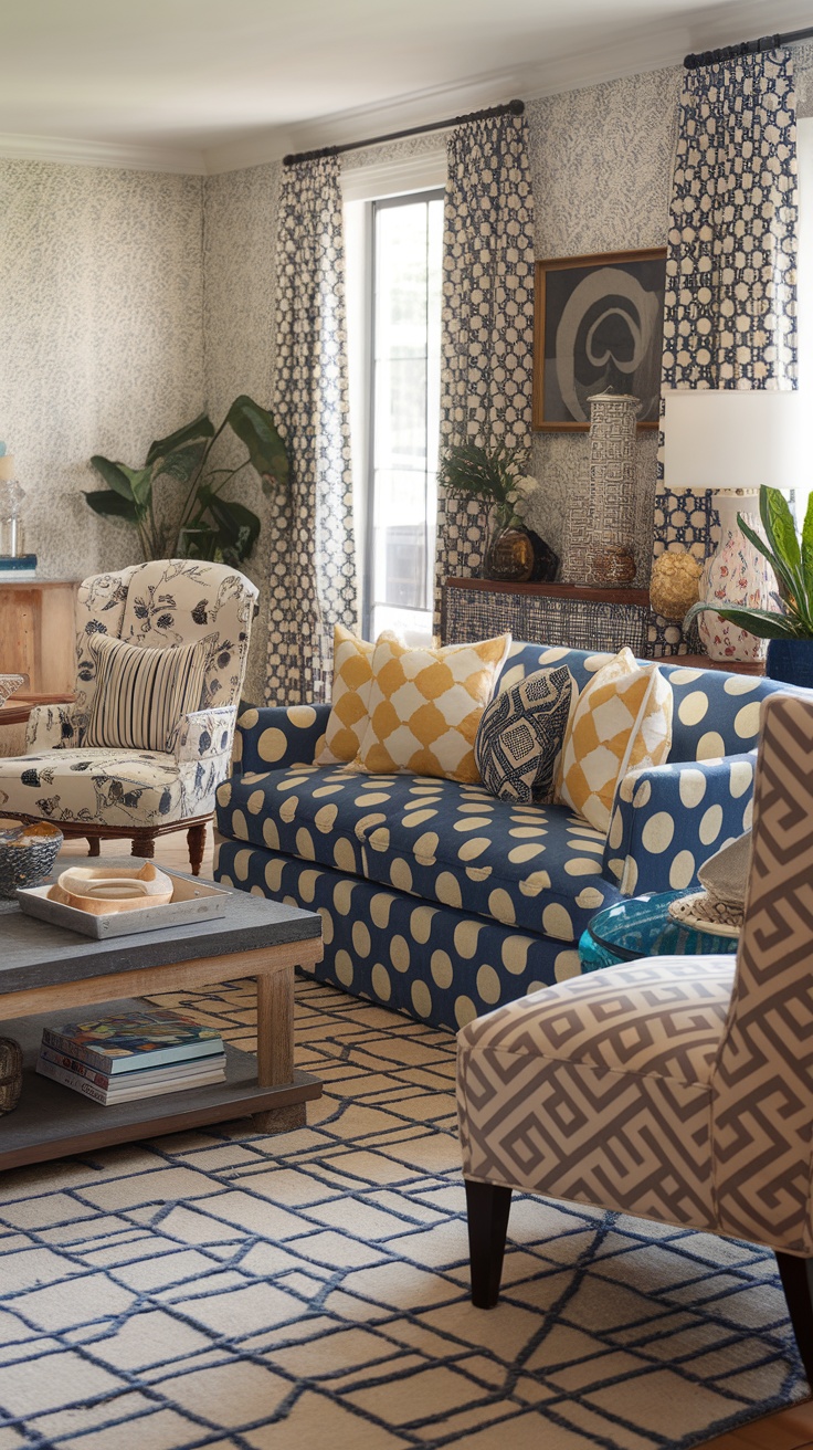 A modern Victorian living room featuring a mix of patterns and prints on furniture and decor.