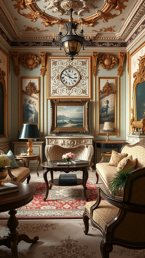 A luxurious Rococo living room featuring ornate decor, elegant furnishings, and a blend of modern elements.