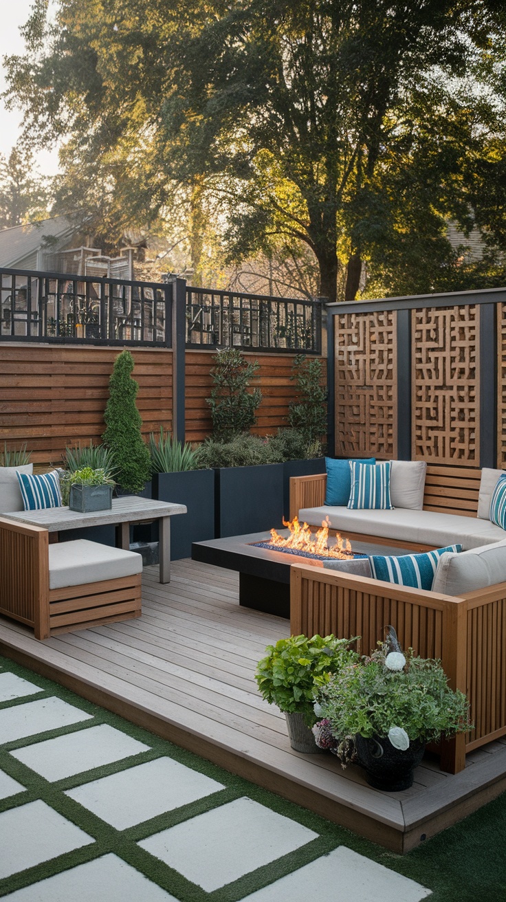 A modern backyard patio with stylish fencing and a fire pit.