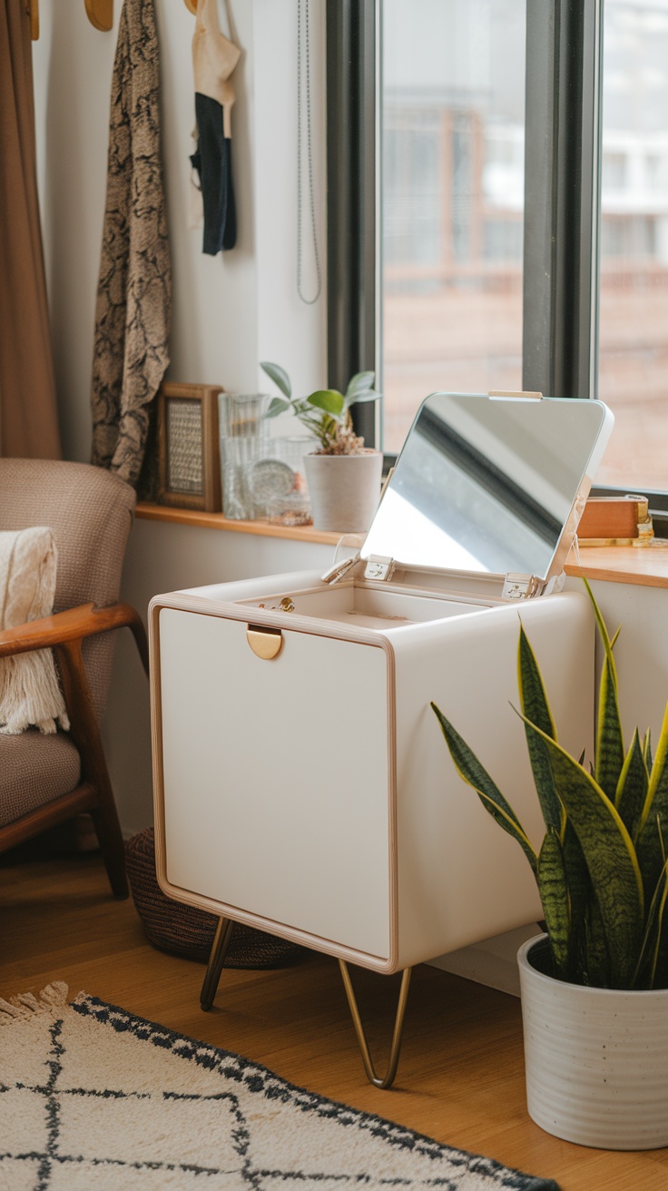 A compact vanity room setup with multi-functional furniture