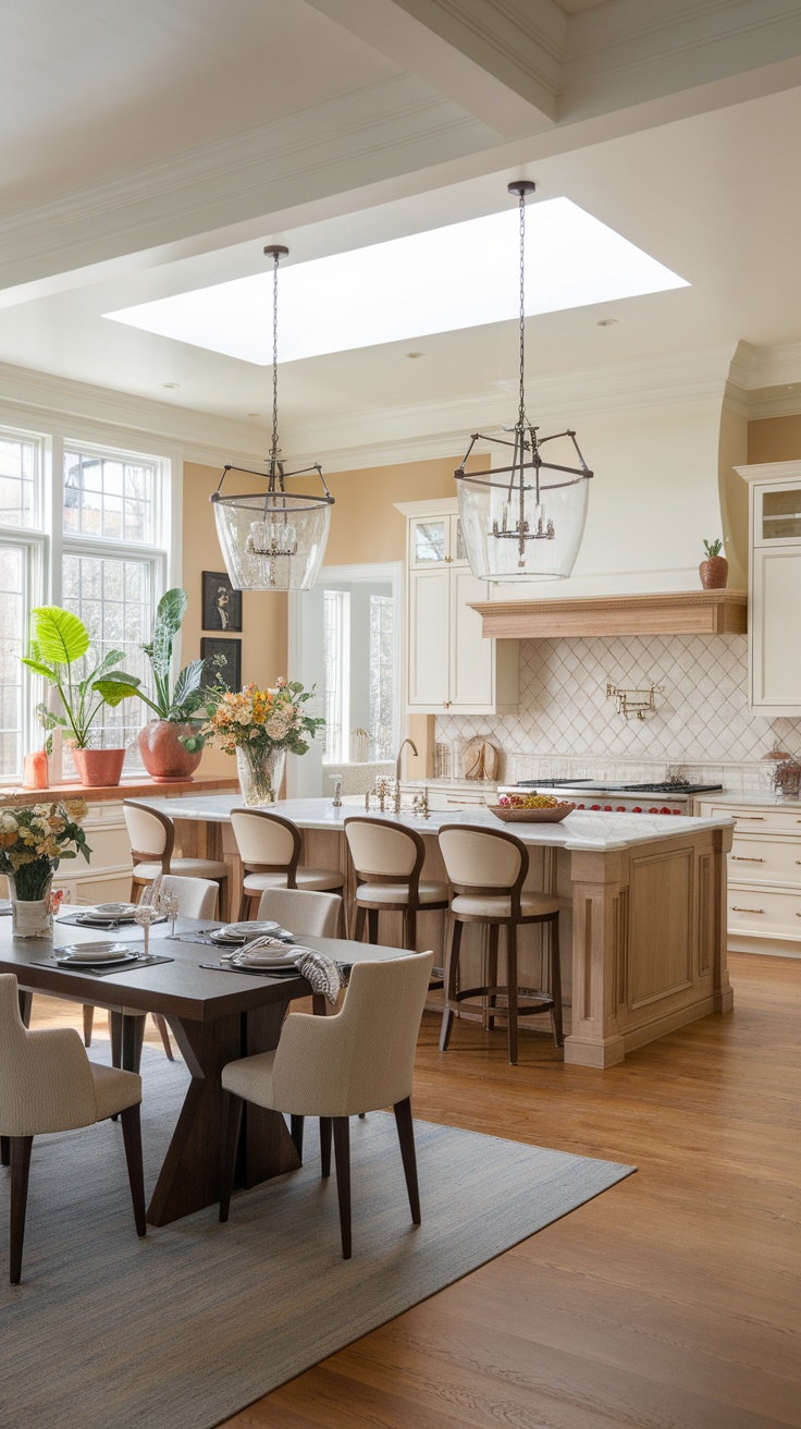 A modern kitchen with a large island, bar stools, a dining table, and large windows allowing natural light