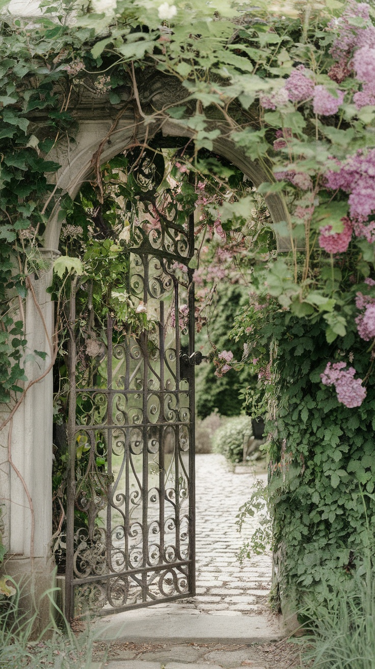 An ornate garden gate surrounded by greenery and flowers, leading into a mysterious garden.