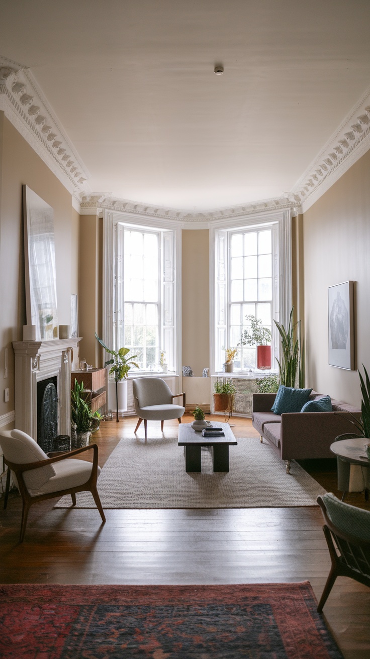 Modern Victorian living room with large windows and stylish furniture.