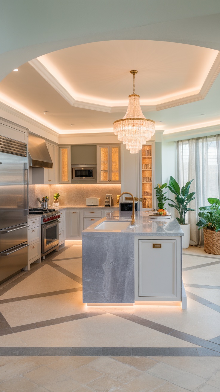 Spacious luxury kitchen with an island, modern appliances, and elegant chandelier