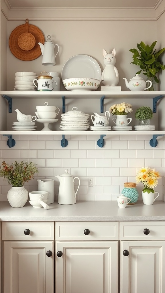 Open shelving in a kitchen decorated for spring with white ceramics, plants, and seasonal decor.