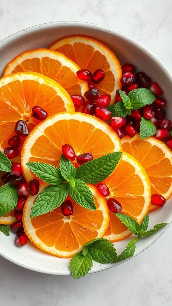 A bowl of orange slices and pomegranate seeds garnished with mint leaves.