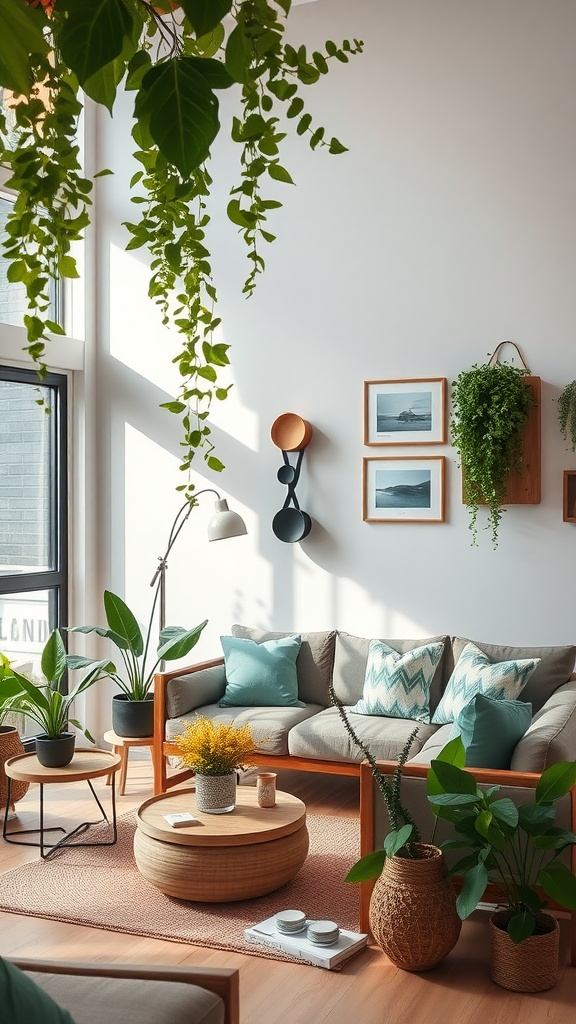 A bright and inviting living room with plants, natural materials, and soft furnishings.