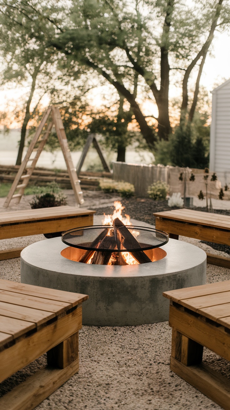 A cozy outdoor fire pit surrounded by wooden benches, set in a landscaped backyard.