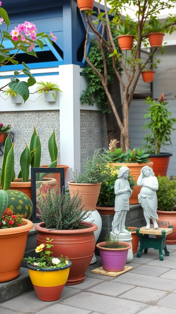 A vibrant outdoor garden display with colorful pots, flowers, and decorative statues.