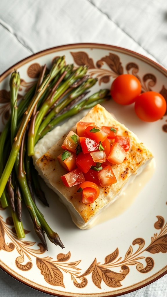 Pan-seared halibut topped with tomato salsa, served with asparagus and cherry tomatoes on the side.