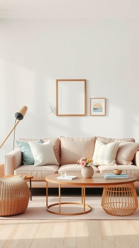 A cozy living room with a pale pink sofa and pastel decor elements.