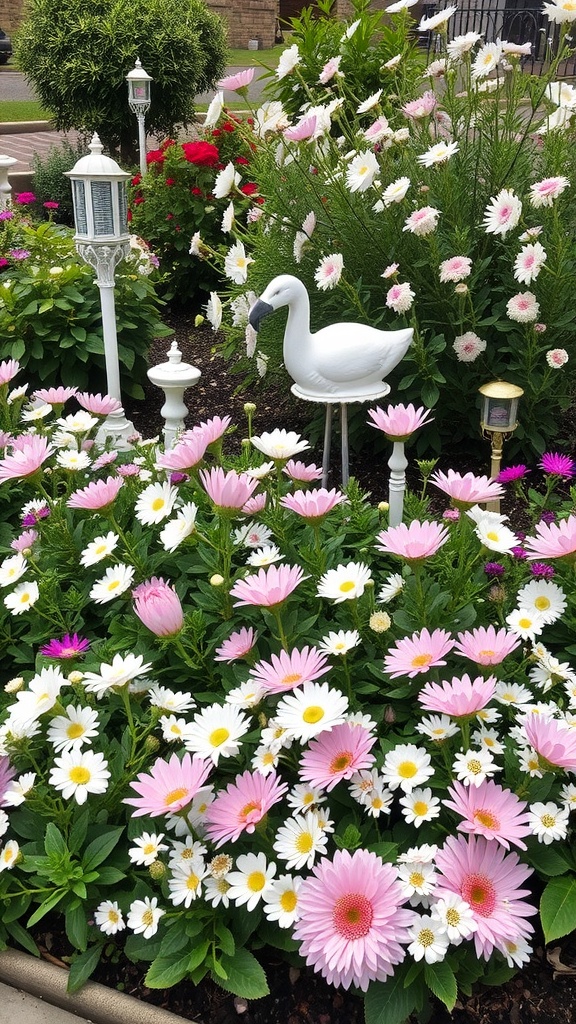 A colorful flower bed featuring pink and white flowers with vintage lanterns and a decorative swan.