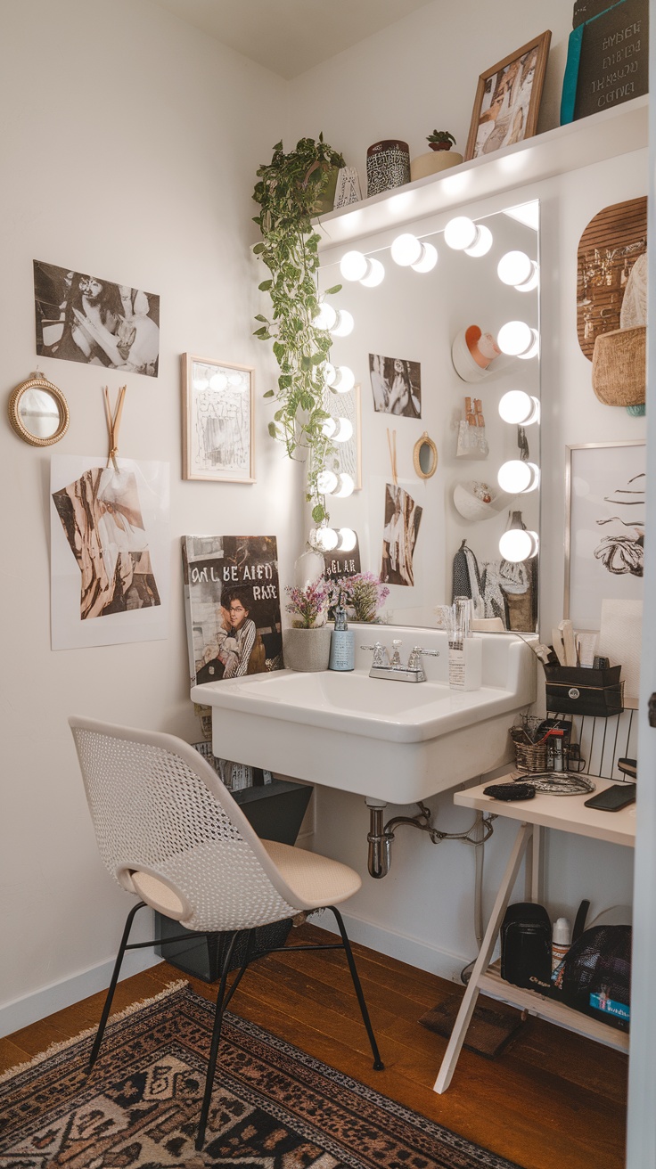 A compact vanity room with personalized decor touches, featuring a mirror, plants, and framed artwork.