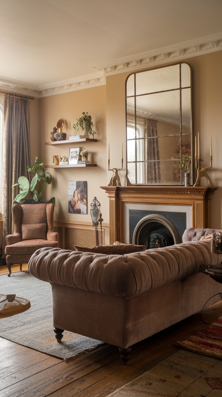 A cozy modern Victorian living room featuring a tufted sofa, decorative mirror, and warm lighting.