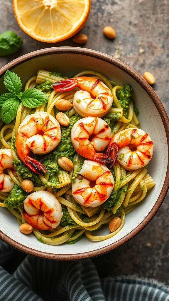 A bowl of pesto pasta topped with grilled shrimp and garnished with pine nuts and basil.