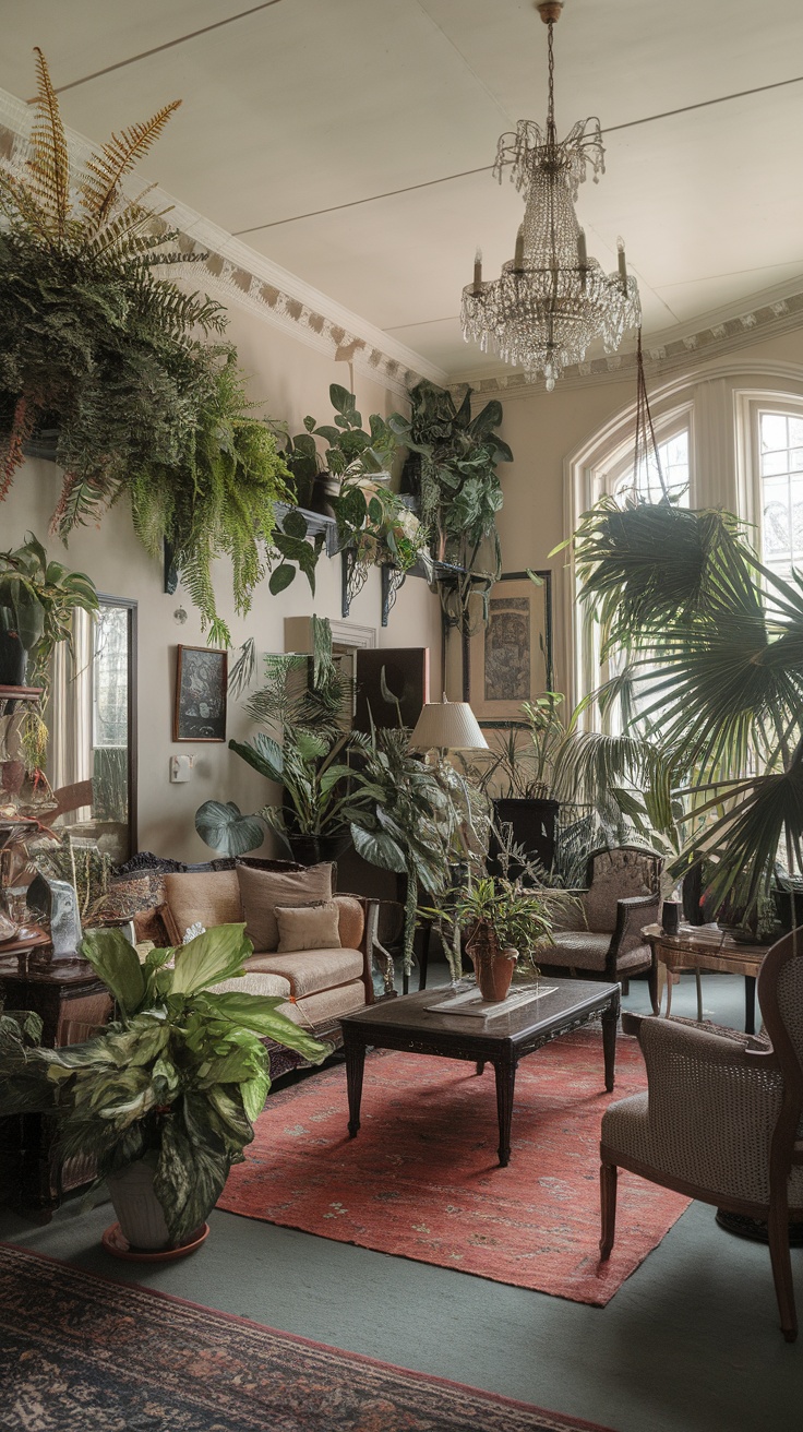 A modern Victorian living room filled with various plants, including hanging and potted greenery, with classic furniture and decor.