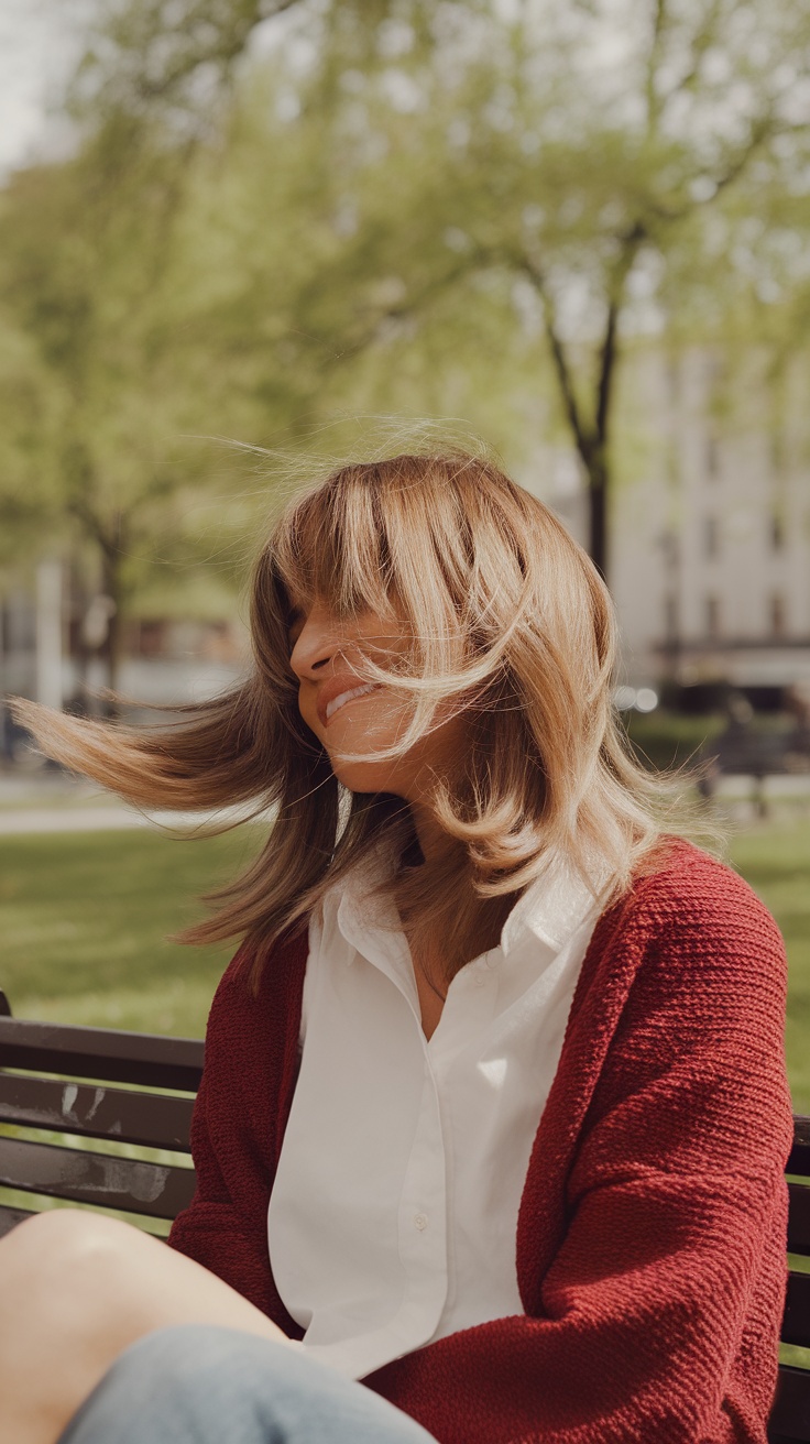 A woman with medium-length layered hair smiling outdoors, showcasing playful layers and volume.