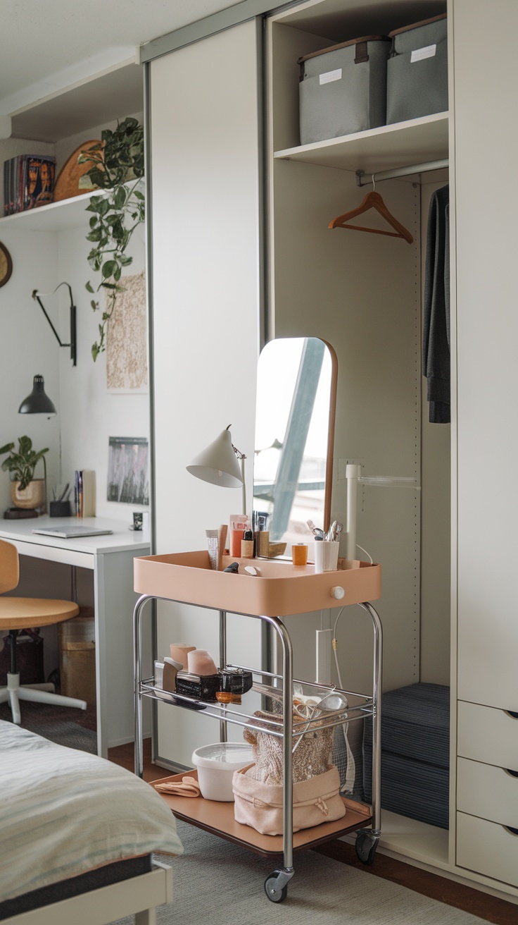 A compact and portable vanity setup with a rolling cart, mirror, and organized beauty products.