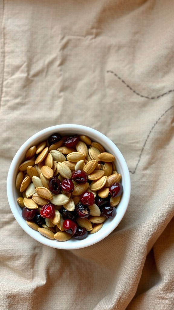 Bowl of pumpkin seeds and dried cranberries mix