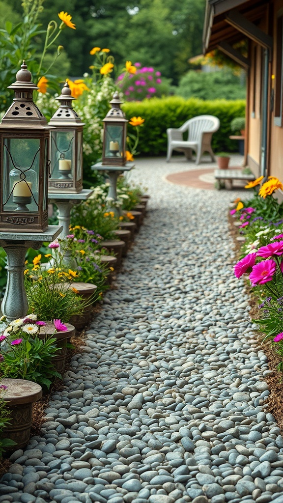 A quaint garden pathway lined with pebbles and flowers, featuring decorative lanterns.