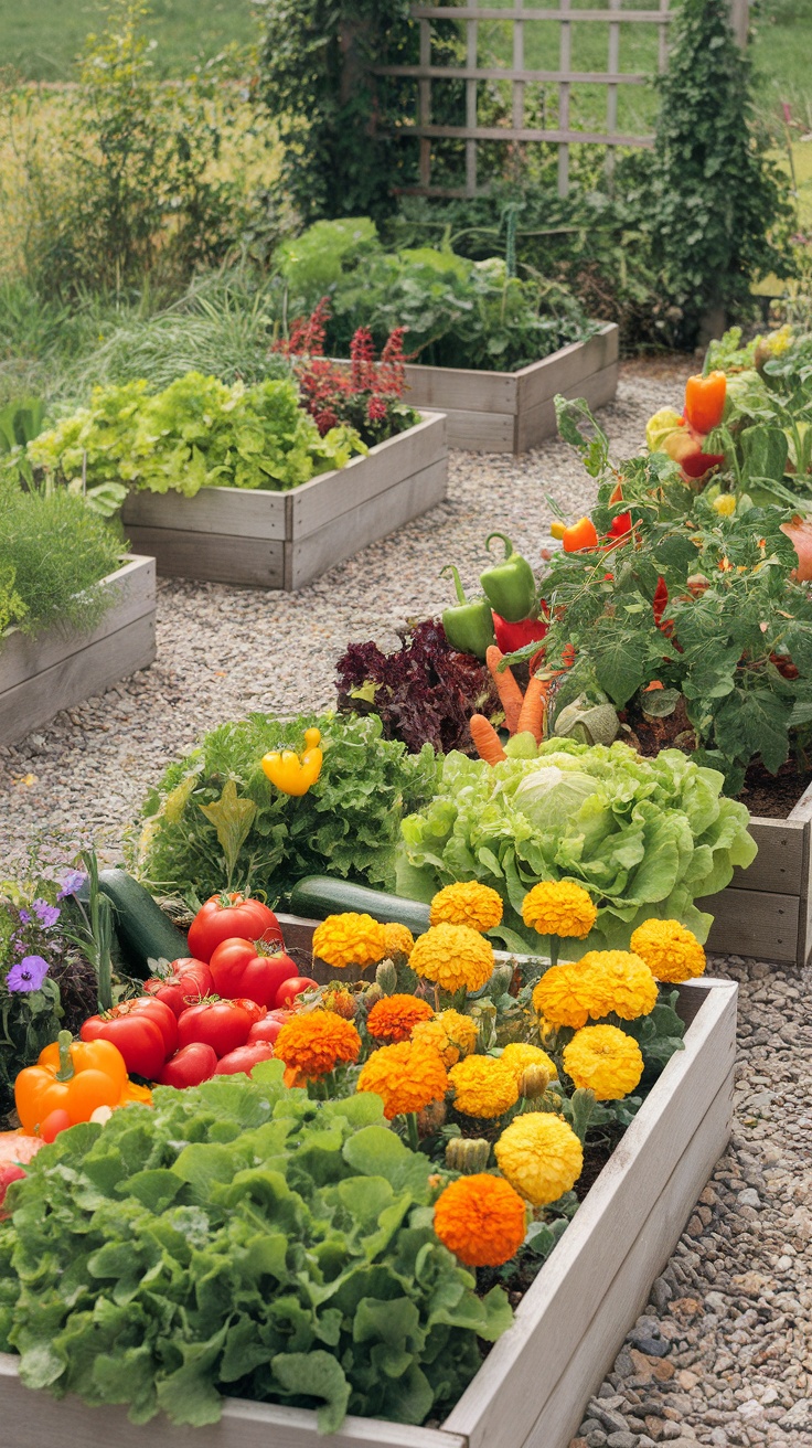 A beautiful raised garden bed filled with vibrant vegetables and flowers in a secret garden setting.